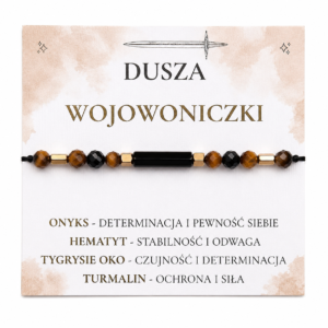 Bransoletka z onyksem i tygrysim okiem, onyksiem oraz hematytem na czarnym sznurku z regulowanym zapięciem makramowym.
