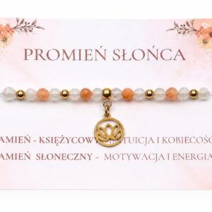 Bransoletka z kamieniem księżycowym i kamieniem słonecznym z zawieszką kwiatu lotosu oraz złotymi przekładkami ze stali nierdzewnej.