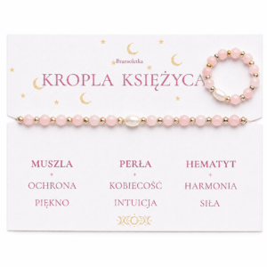 Komplet biżuterii Kropla Księżyca – ręcznie wykonana bransoletka i pierścionek z naturalną perłą, koralikami z muszli i hematytem na elastycznej gumce.