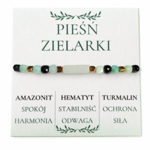 Bransoletka z amazonitem i spinelem Pieśń Zielarki z hematytem – ręcznie wykonana biżuteria Mokoszanka