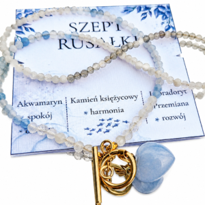 Naszyjnik z akwamarynem Szept Rusałki z kamieniem księżycowym, labradorytem i sercem z akwamarynu – rękodzieło Mokoszanka