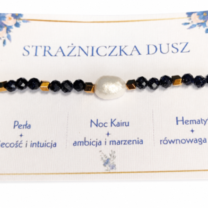 Bransoletka z perłą Strażniczka Dusz z Nocą Kairu i hematytem – ręcznie wykonana biżuteria Mokoszanka