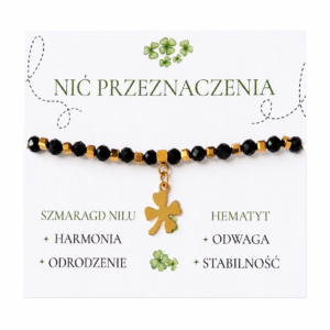 Bransoletka z koniczynką Nić Przeznaczenia ze szmaragdem Nilu i hematytem – rękodzieło Mokoszanka