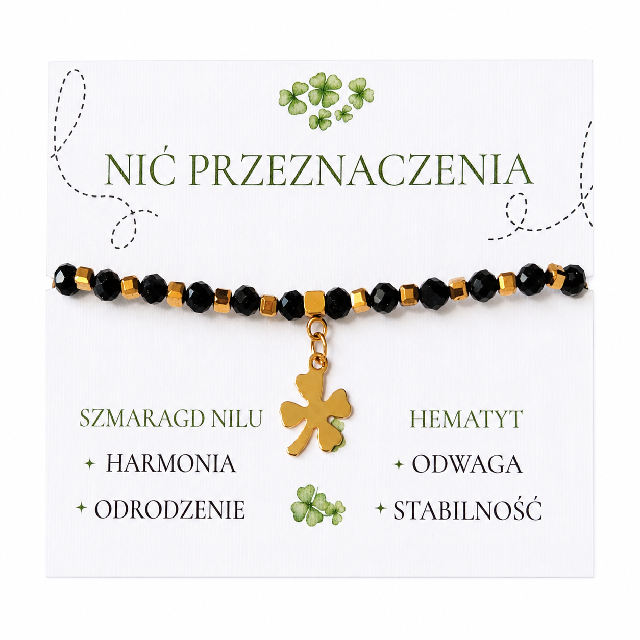 Bransoletka z koniczynką Nić Przeznaczenia ze szmaragdem Nilu i hematytem – rękodzieło Mokoszanka