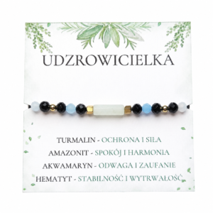 Bransoletka z amazonitem Uzdrowicielka z akwamarynem, turmalinem i hematytem – ręcznie wykonana biżuteria Mokoszanka