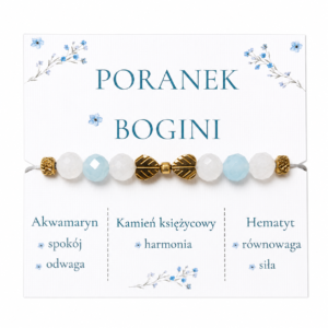 Bransoletka z kamieniem księżycowym Poranek Bogini z akwamarynem i hematytem – ręcznie wykonana biżuteria Mokoszanka