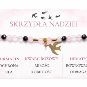 Bransoletka z jaskółką Skrzydła Nadziei z kwarcem różowym, turmalinem i hematytem – ręcznie wykonana biżuteria Mokoszanka