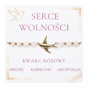 Bransoletka z kwarcem różowym i jaskółką Serce Wolności – ręcznie wykonana biżuteria Mokoszanka ze stali nierdzewnej