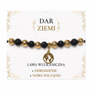Bransoletka z lawą wulkaniczną Dar Ziemi z zawieszką w kształcie kuli ziemskiej – ręcznie wykonana biżuteria Mokoszanka