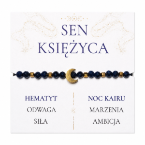Bransoletka z Nocą Kairu Sen Księżyca z hematytem i zawieszką księżyca – ręcznie wykonana biżuteria Mokoszanka