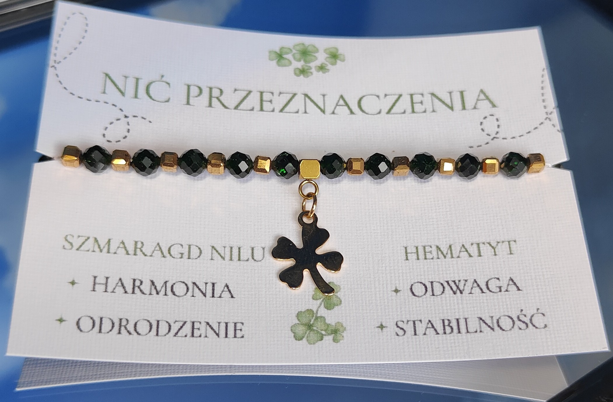 Nić Przeznaczenia - bransoletka z koniczynką - szmaragd Nilu i hematyt - obrazek 4
